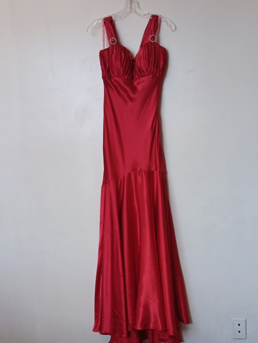 Vintage Maggie Sottero Red Satin Maxi Dress with Ruched Bodice
